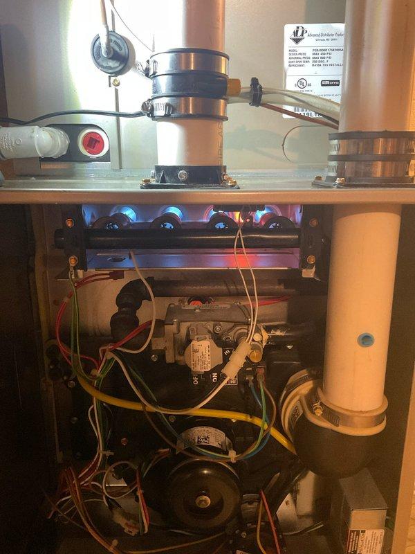 Completed heating tune-up service on gas furnace system. Inspected burner assembly confirming proper blue flame pattern and verified heat exchanger operation with temperature reading of 110.0°F at supply plenum. All electrical connections, gas valve, and PVC venting system were examined and found to be in normal working condition.