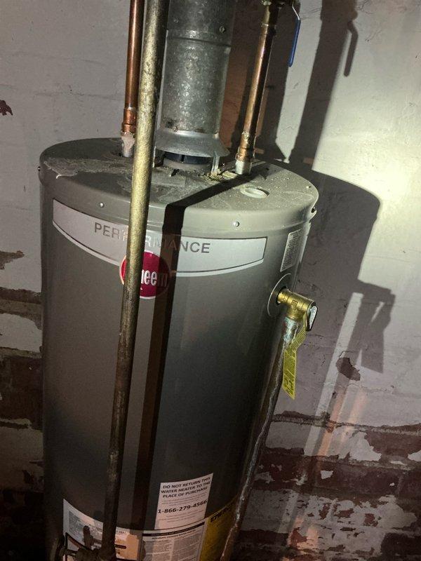 Performed heating tune-up on 3-year-old Rheem Performance water heater. Inspected and cleaned blower wheel assembly to ensure optimal operation. System functioning properly with all connections secure and ventilation in good condition.