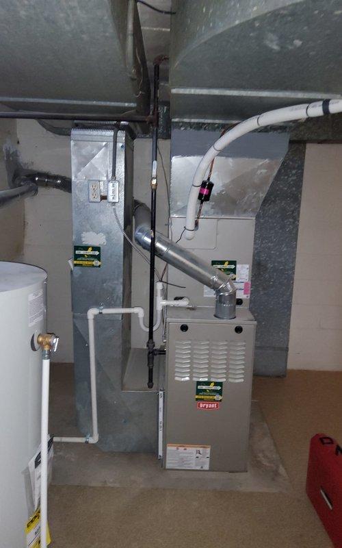 Performed scheduled maintenance on 2-year-old MVP gas furnace between 12-4pm. Inspected and cleaned blower wheel assembly to ensure proper operation and airflow. Visual inspection of complete system including furnace unit, ductwork connections, and ventilation components showed system in good working condition with no visible issues or required repairs.