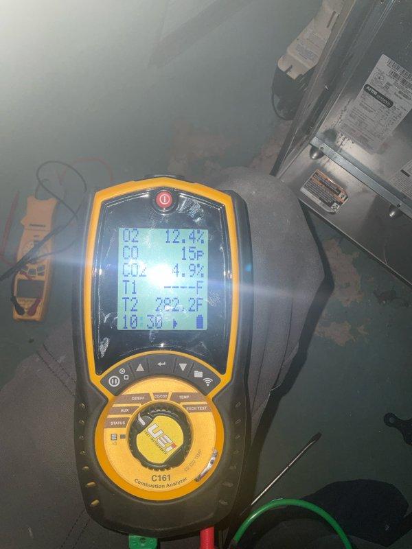 Performed scheduled furnace maintenance service. Conducted combustion analysis using Fieldpiece C161 analyzer, which indicated O2 at 12.4%, CO at 15ppm, CO2 at 4.9%, with stack temperature of 222.2°F. Temperature readings at ductwork measured 83.1°F, confirming system is operating within normal parameters.
