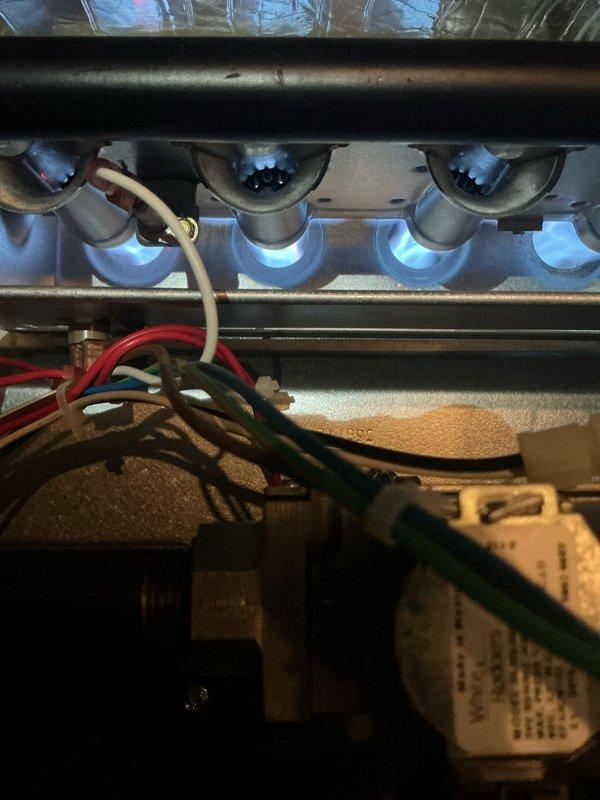 Performed annual maintenance on 1-year-old gas furnace, inspecting burner assembly with proper blue flame combustion pattern. Checked and cleaned blower wheel assembly, confirming normal operation with no visible damage or unusual buildup. All components functioning within manufacturer specifications.
