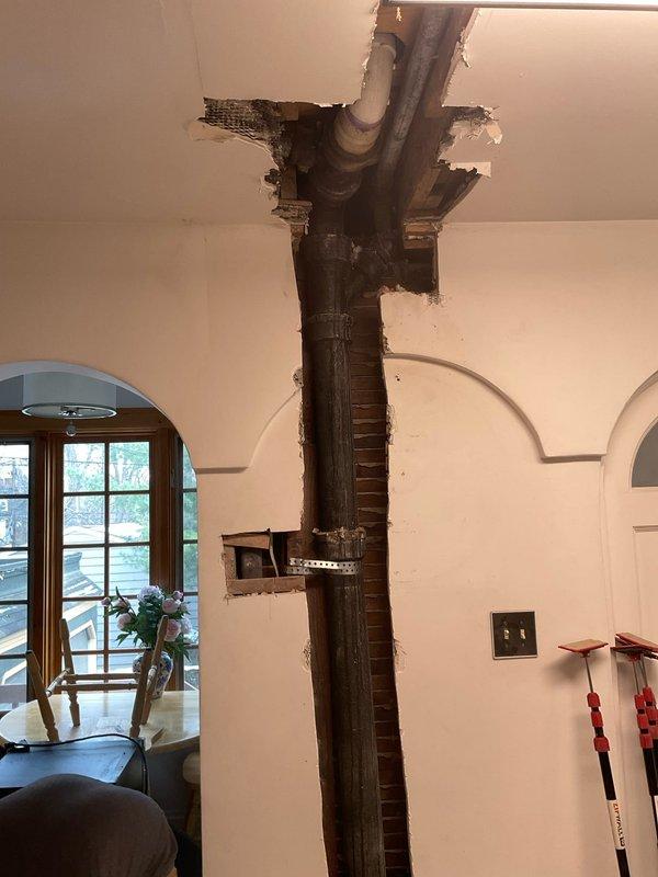 Completed stack work involving extensive opening of wall and ceiling to access vertical plumbing lines and disposal system. Exposed and evaluated multiple pipe runs through joists, with particular attention to the vertical waste stack. Will coordinate with office regarding potential need for additional time to complete the repair.