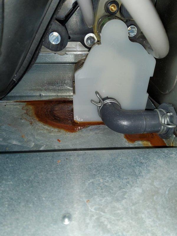Diagnosed water leak in 2-year-old furnace showing significant rust accumulation beneath condensate trap. Inspected gas valve assembly and verified proper burner operation. Replaced damaged condensate trap and connecting hose, resolving the moisture issue causing corrosion to the furnace base.