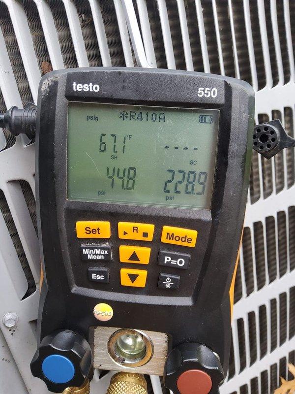 Performed comprehensive cooling system tune-up on R-410A air conditioning unit, model ECTP36CM-1. Utilized digital manifold gauges to measure and verify system pressures at 448 psi high side and 229.9 psi low side, with superheat reading of 67.1°F, confirming proper refrigerant charge and system operation. Inspected evaporator coil assembly, verified equipment specifications, and documented system performance for maintenance records. Collected information for home maintenance plan enrollment.