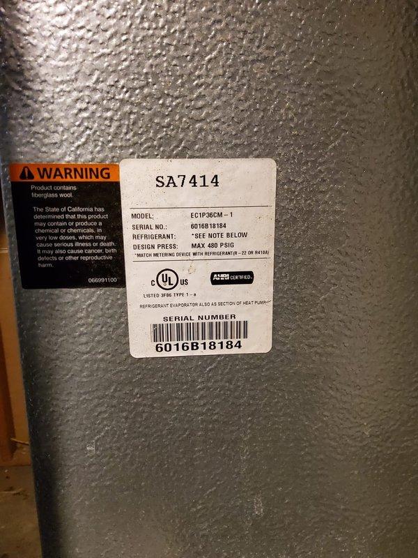 Performed comprehensive cooling system tune-up on R-410A air conditioning unit, model ECTP36CM-1. Utilized digital manifold gauges to measure and verify system pressures at 448 psi high side and 229.9 psi low side, with superheat reading of 67.1°F, confirming proper refrigerant charge and system operation. Inspected evaporator coil assembly, verified equipment specifications, and documented system performance for maintenance records. Collected information for home maintenance plan enrollment.