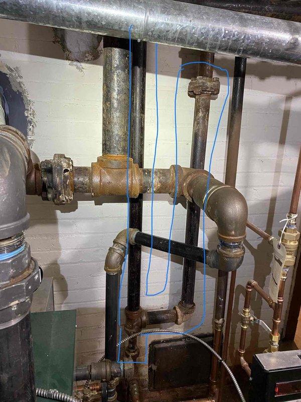 Returned to complete boiler pipe repair following asbestos abatement. Replaced corroded and leaking section of boiler piping that was previously identified during initial service visit. Installed new pipe section with threaded fittings, tested system for leaks, and verified proper operation of boiler and associated plumbing connections.
