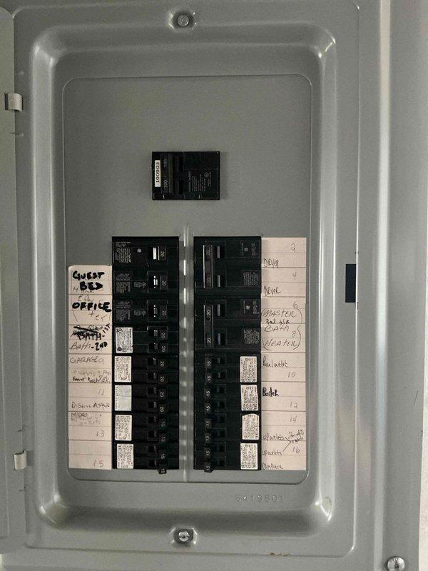 Provided HVAC estimate for mini split system installation with 4-ton outdoor unit and 3 indoor zones rated at 1-3 tons capacity. Assessed existing electrical panel for adequate circuit capacity and documented current breaker configuration to determine electrical requirements for new mini split system installation.