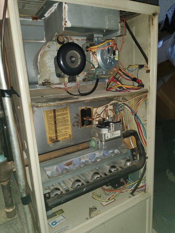 Completed comprehensive heating system tune-up on 20-year-old furnace experiencing unusual operational sounds. Performed full inspection of blower assembly, inducer motor, heat exchanger, gas valve, and all electrical connections; cleaned blower wheel and burner assembly; tested all safety controls and verified proper system operation. Addressed age-related wear concerns including surface corrosion on metal components and verified all wiring connections were secure; system now operating within normal parameters with improved performance and reduced noise levels.