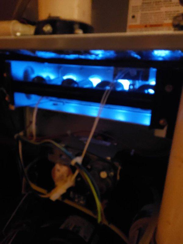 Completed scheduled heating system maintenance on gas furnace. Performed combustion analysis using digital analyzer, confirming safe operation with CO levels at 79% efficiency and 35 ppm slow reading. Inspected burner assembly during operation, observing proper blue flame pattern across both burner tubes indicating complete combustion. Verified blower motor assembly and associated electrical connections in lower compartment. All system components functioning within normal parameters.