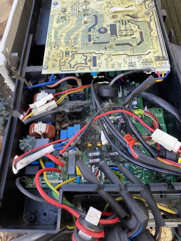 Responded to E1 error code displaying on all three 5-year-old air conditioning units. Upon arrival, inspected electrical control panels and internal circuit boards on each system. Found accumulated dirt, debris, and weathering on exterior junction boxes and internal electronic components affecting proper operation. Accessed control boards revealing discolored PCBs, compromised wire connections, and dust buildup throughout electrical compartments. Cleaned terminal blocks, inspected all wire connections at junction points, and verified proper electrical continuity. Cleared debris from circuit board cavities and wire bundles to restore proper airflow around sensitive electronic components. Reset error codes and cycled all three units through startup sequences to confirm proper operation and error code resolution.