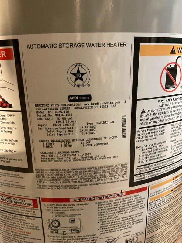 Responded to service call regarding existing Bradford White 48-gallon natural gas water heater (Model BG250T6N) that was previously venting through masonry chimney. Customer discovered venting conflict during chimney removal project. Assessed current atmospheric venting configuration and water heater specifications to provide pricing estimate for power vent conversion kit installation required to maintain safe operation of unit.