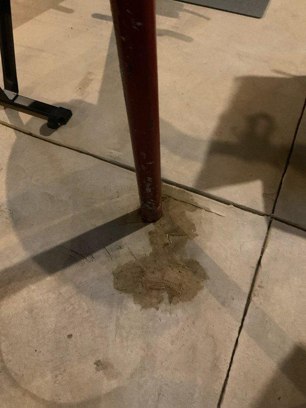 Responded to a first-floor bathroom sink drain leak with water intrusion into the basement. Upon inspection, identified a compromised PVC drain pipe connection at or near the wall penetration point, evidenced by active water staining on the bathroom floor at the pipe base and moisture dripping through to the basement ceiling below. Accessed the affected plumbing from the basement crawl space where the drain line was visible against the OSB wall backing. Repaired the leaking PVC connection, verified proper drainage flow, and confirmed cessation of water intrusion to the basement area.