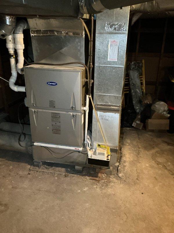 Conducted follow-up inspection of existing basement HVAC installation featuring Carrier furnace system with associated air handler, refrigerant lines, and condensate drainage. Documented current equipment condition and surrounding ductwork infrastructure, noting exposed metal ductwork with partial insulation wrap supported by ceiling-mounted brackets throughout the utility space.