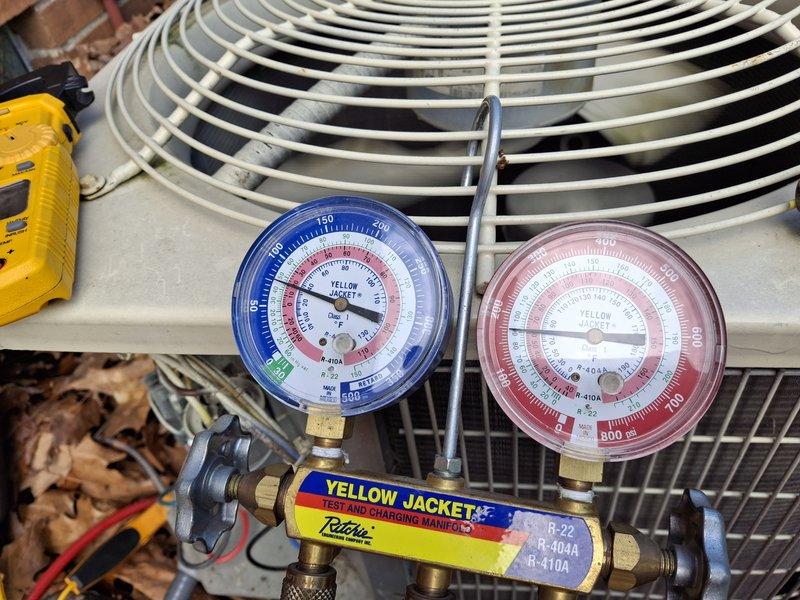 Completed comprehensive preventive maintenance on both air conditioning and furnace systems. Performed standard tune-up procedures including refrigerant pressure testing using manifold gauges on the outdoor condenser unit, verified proper refrigerant levels for R-410A system, inspected condenser fan operation and housing integrity, and conducted thorough system diagnostics. All equipment operating within normal parameters with no deficiencies noted.