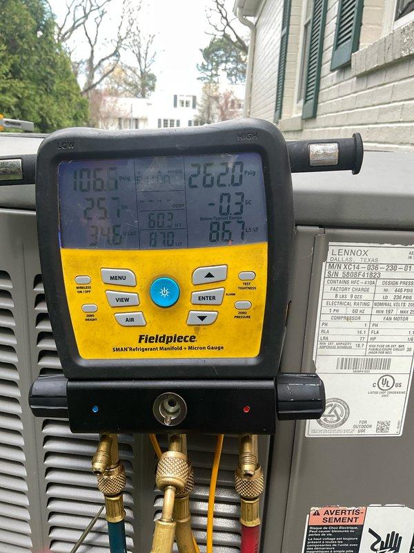 Completed comprehensive air conditioning tune-up and preventive maintenance on two HVAC systems: outdoor Lennox condensing unit located on west side of residence and indoor furnace/air handler unit in basement. Performed standard diagnostic testing using refrigerant manifold gauges to verify system pressures and temperatures, confirmed proper refrigerant charge levels, inspected electrical connections, and evaluated overall system operation to ensure optimal cooling performance for the upcoming season.