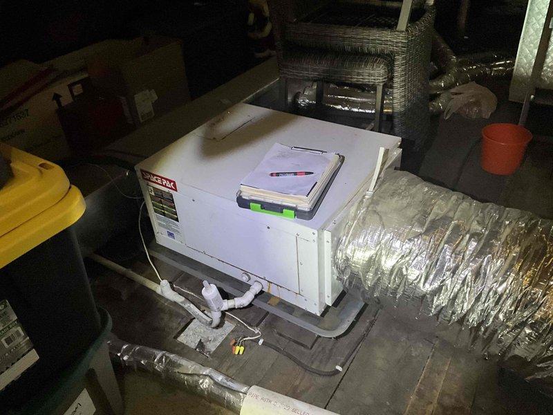 Completed comprehensive assessment of existing Unico small-duct high-velocity HVAC system for replacement estimate. Evaluated current air handler unit located in attic mechanical space, documenting equipment condition, operational status, existing ductwork configuration including reflective flex duct distribution, and refrigerant line routing. Inspected ceiling-mounted supply registers noting age-related discoloration and assessed overall system accessibility for future replacement work. Photographed equipment specifications and installation environment to provide accurate replacement proposal.