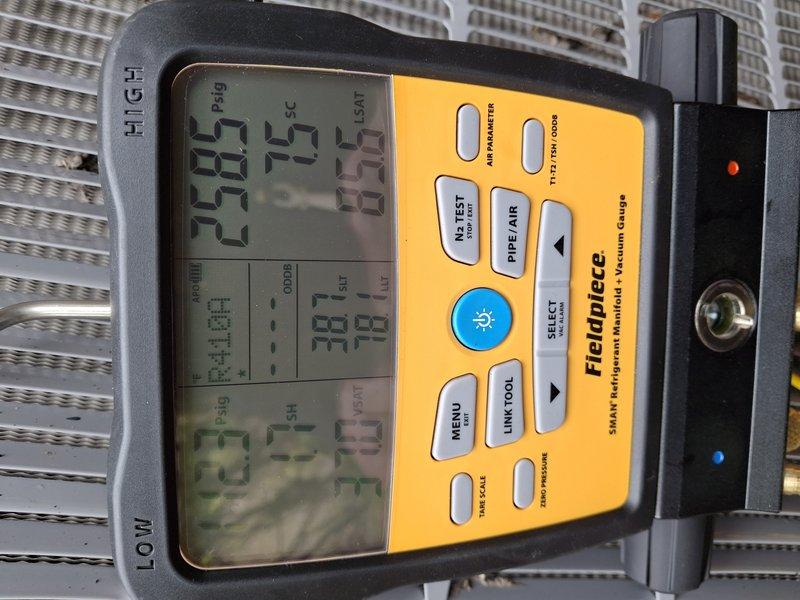 Completed preventive maintenance cooling tune-up on residential air conditioning system over 10 years old utilizing R-410A refrigerant. Inspected evaporator coil module (Model M4866CJ.1_B) and verified manufacturer specifications including design pressure ratings of 250 PSIG low side and 500 PSIG high side. Performed diagnostic measurements using digital manifold gauges, recording system temperatures and pressures to ensure proper refrigerant charge and operational efficiency within manufacturer parameters.
