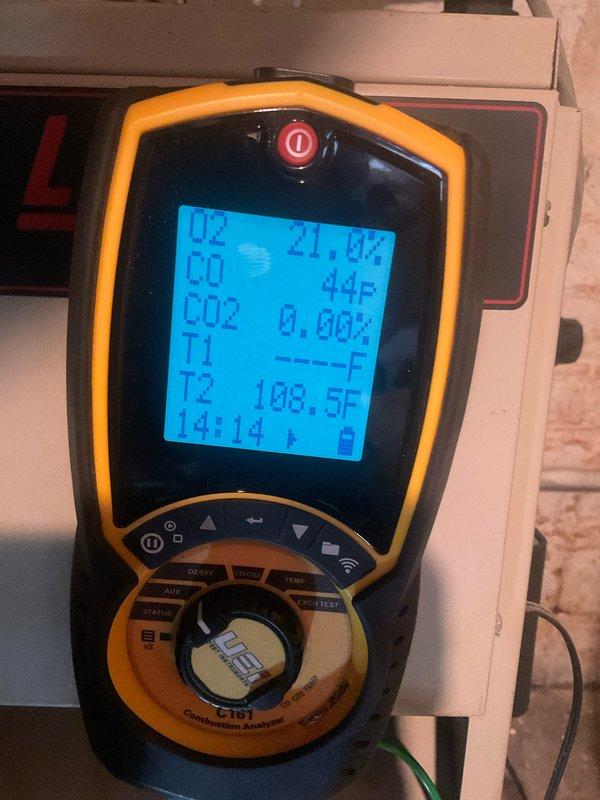 Completed comprehensive steam boiler tune-up and safety inspection on residential heating system. Performed combustion analysis using digital diagnostic meter, confirming proper oxygen levels at 21.0% and safe carbon monoxide readings. Verified system temperature readings, checked all safety controls, inspected venting and gas piping connections, and ensured unit was operating within manufacturer specifications for optimal efficiency and safe operation.