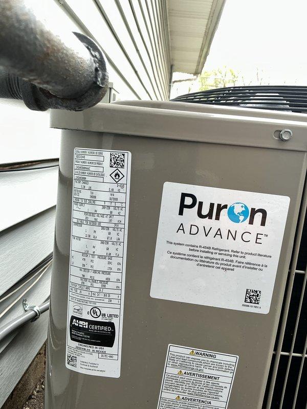 Performed system start-up on new outdoor HVAC condensing unit utilizing R-454B Puron Advance refrigerant. Unit successfully commissioned and operational, with all manufacturer labels and specifications properly affixed. System available for service between 9 AM and 5 PM with advance notification required.