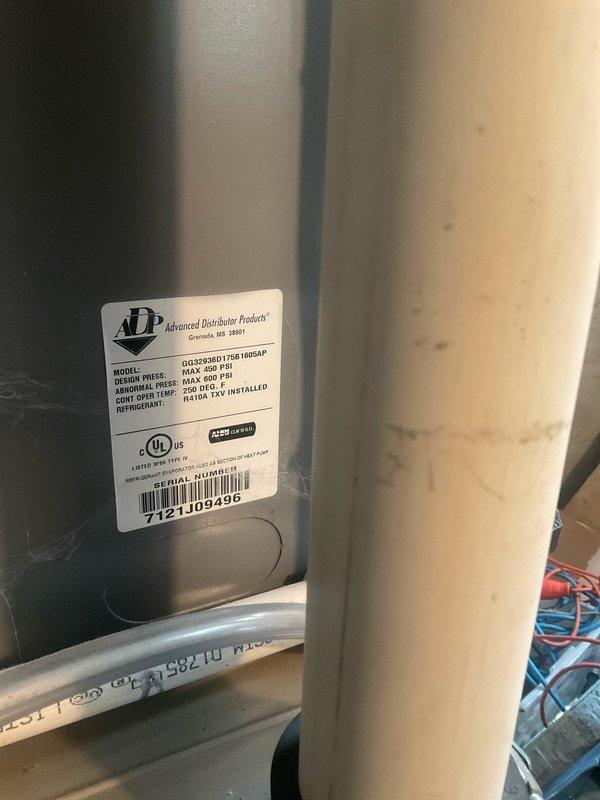 Performed preventive maintenance on ADP evaporator coil system utilizing R410A refrigerant with TXV installed (Model GU2329G0117DB1MS4AP). Connected Fieldpiece SMAN manifold gauges to outdoor condensing unit and verified system pressures and temperatures, recording low side pressure of 72 psig and high side pressure of 304.8 psig with operating temperature of 111°F, confirming proper refrigerant charge and system operation within manufacturer specifications.