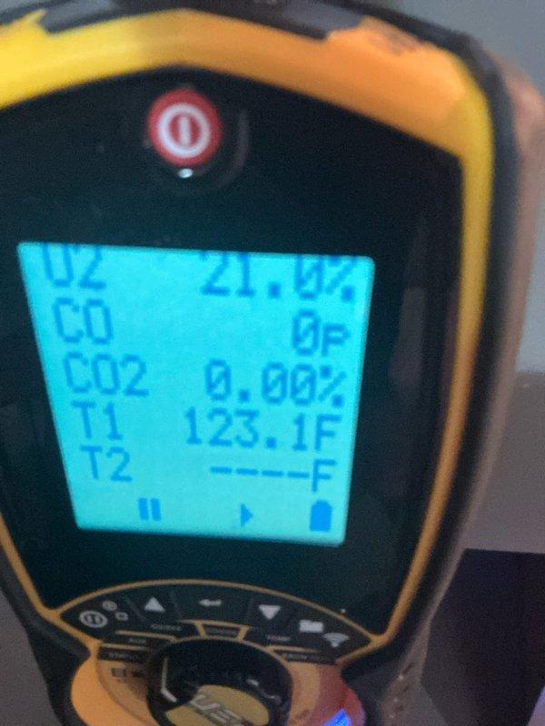 Performed comprehensive boiler tune-up and system evaluation. Conducted combustion analysis using digital analyzer, measuring oxygen levels, carbon monoxide, carbon dioxide, and flue gas temperatures to verify safe and efficient operation. All combustion readings confirmed within acceptable parameters with CO at 0 ppm, CO2 at 0.00%, and flue temperature at 123.1°F, indicating proper burner performance and complete combustion.