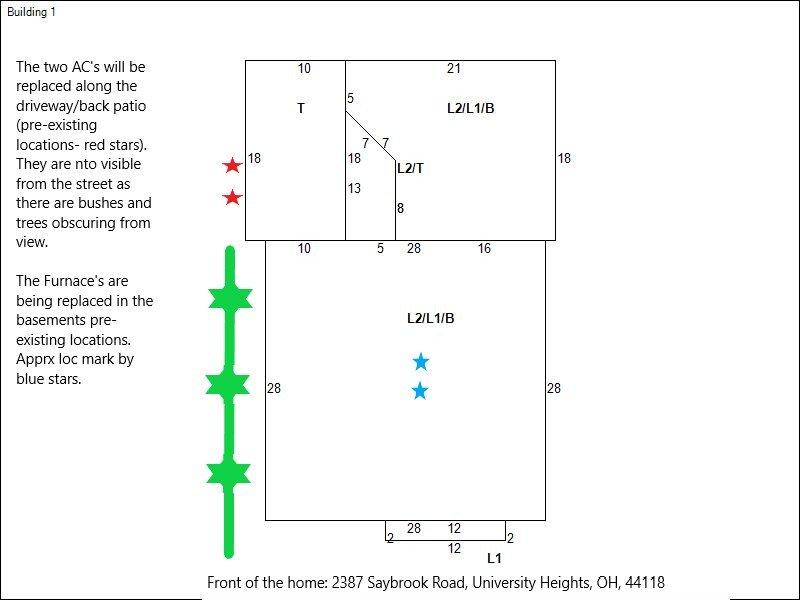 Completed full HVAC system replacement for main residence, installing two new furnace and heat pump combinations with associated line sets and Arzel zoning system. Replaced existing equipment at pre-existing locations along driveway and back patio areas, with furnace units positioned in basement, maintaining all original thermostat locations for seamless integration with updated zoning controls.