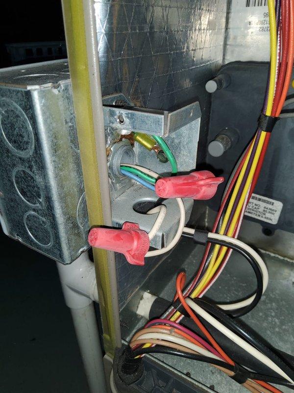 Performed comprehensive inspection of air conditioning system per customer request following third-party home inspection findings. Examined electrical connections within air handler cabinet, verifying proper wire terminations and junction box integrity. Documented deteriorated insulation at refrigerant line set requiring attention. Noted sump pump discharge location adjacent to outdoor condensing unit base, which may impact equipment longevity. Photographed all findings for customer records and future reference.