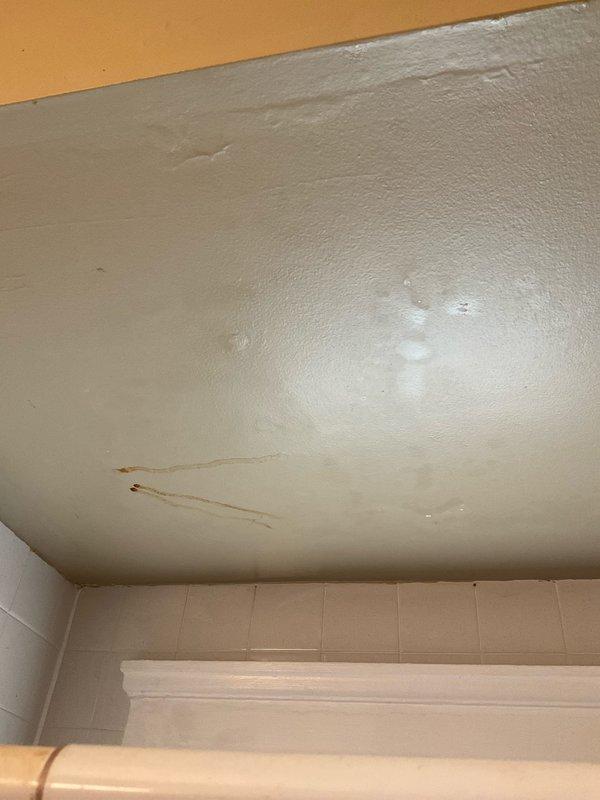 # Plumbing Service - Water Leak

Responded to reported water leak concern in downstairs unit of 1920s-era duplex. Upon arrival, conducted thorough visual inspection of interior spaces to identify source and extent of moisture intrusion.

## Findings and Assessment

Discovered active water damage in bathroom ceiling area with prominent brown staining and discoloration indicating ongoing or recent moisture infiltration. Ceiling surface displayed multiple areas of water damage with diagonal staining patterns and darker patches consistent with water migration through ceiling materials. Identified additional deterioration at wall-to-ceiling corner joint showing compromised plaster/drywall compound with rough, uneven texture and raised surface irregularities.

Damage patterns suggest water source originating from plumbing system or fixtures in unit above. Moisture penetration has compromised ceiling integrity and corner seam structural finish. Tile work and lower wall sections remain intact 