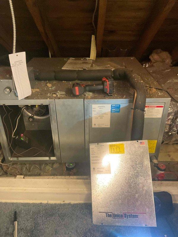 Completed comprehensive HVAC maintenance on exterior condensing unit and Unico System air handler located in attic space. Performed standard tune-up procedures including inspection of electrical connections, refrigerant levels, and operational testing of both cooling and heating systems. Advised customer that radiator system requires valve replacements, which fall outside scope of current HVAC equipment, and provided estimate for potential system replacement options as requested.