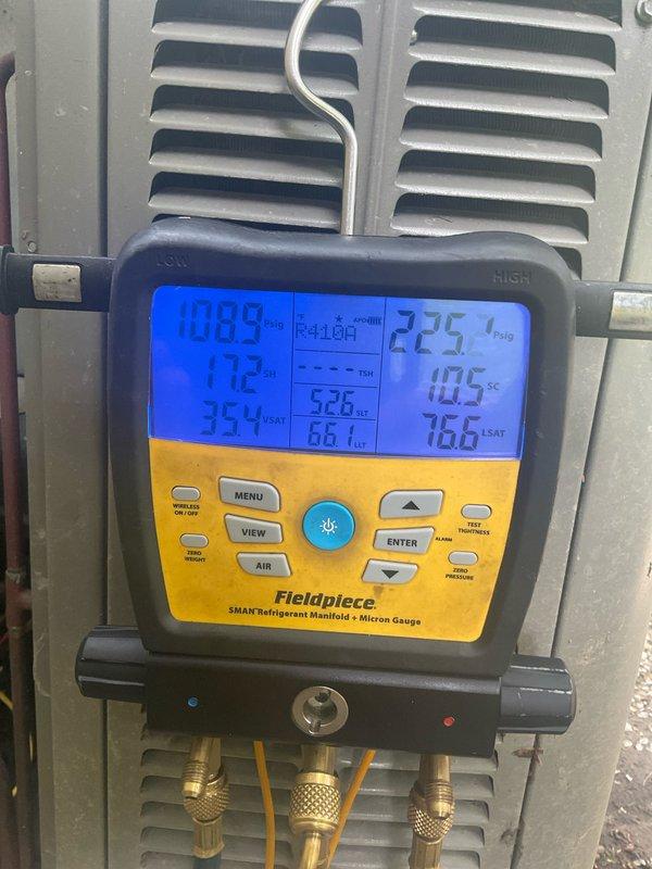 Completed comprehensive cooling system tune-up on 10-year-old Bryant AC unit. Performed full system diagnostics using refrigerant manifold gauges, recording operating pressures, temperatures, superheat (40.5°F), and subcooling (76.6°F) values to verify proper refrigerant charge and system performance. Inspected condensate drainage lines, refrigerant line insulation, ductwork connections, and all electrical components. System found operating within manufacturer specifications with no deficiencies noted.