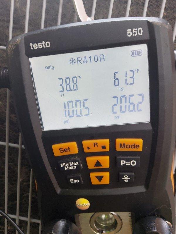 Completed comprehensive air conditioning tune-up and maintenance service on R410A cooling system. Performed full system diagnostics using digital manifold gauges, recording operating pressures and temperatures to verify proper refrigerant charge and system performance. Low-side pressure measured at 99.5 psi with 13.7°F superheat, high-side pressure at 205.2-206.2 psi with 9.8°F subcooling, confirming system is operating within manufacturer specifications. All measurements indicate proper refrigerant charge levels and efficient heat transfer. System found to be in good working condition with no deficiencies noted during inspection.