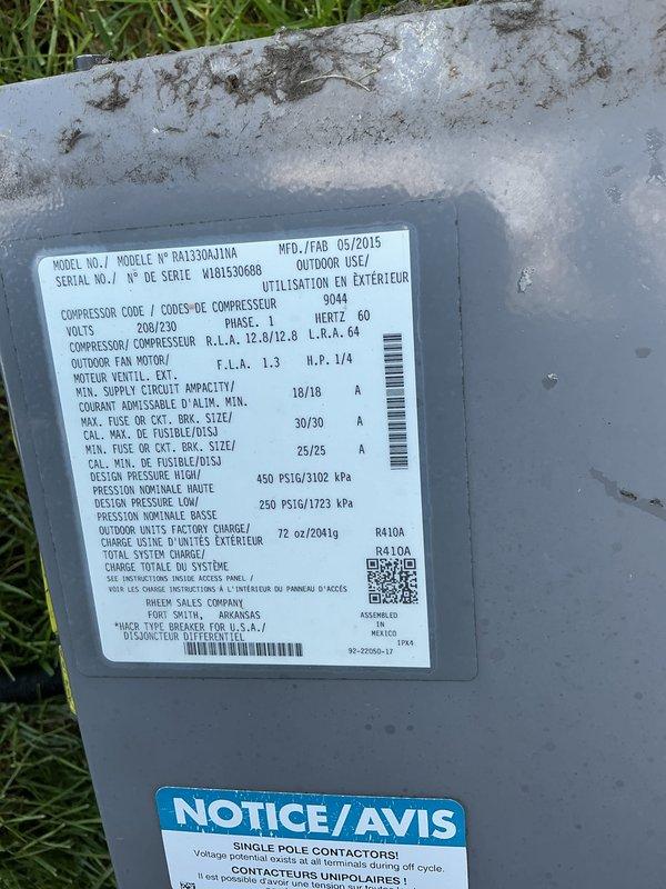 Performed comprehensive tune-up service on a 10-year-old Rheem outdoor condensing unit (Model RA1330AJ1RA, manufactured 05/2015) that had never received prior maintenance and was producing unusual operational noise. Conducted full system diagnostics using digital multimeter to verify electrical performance, including voltage readings, amperage draw, and contactor operation. Inspected condenser coil condition, fan motor operation, and compressor functionality. Unit showed signs of extended outdoor exposure with dirt accumulation and minor surface corrosion on cabinet panels. Verified proper refrigerant pressures and system cycling. Cleaned condenser coil of debris and contamination to restore optimal airflow and heat transfer efficiency. Checked all electrical connections at single pole contactors per manufacturer specifications. Lubricated fan motor bearings and tightened mounting hardware to eliminate noise source. System restored to proper operating condition with improved performanc
