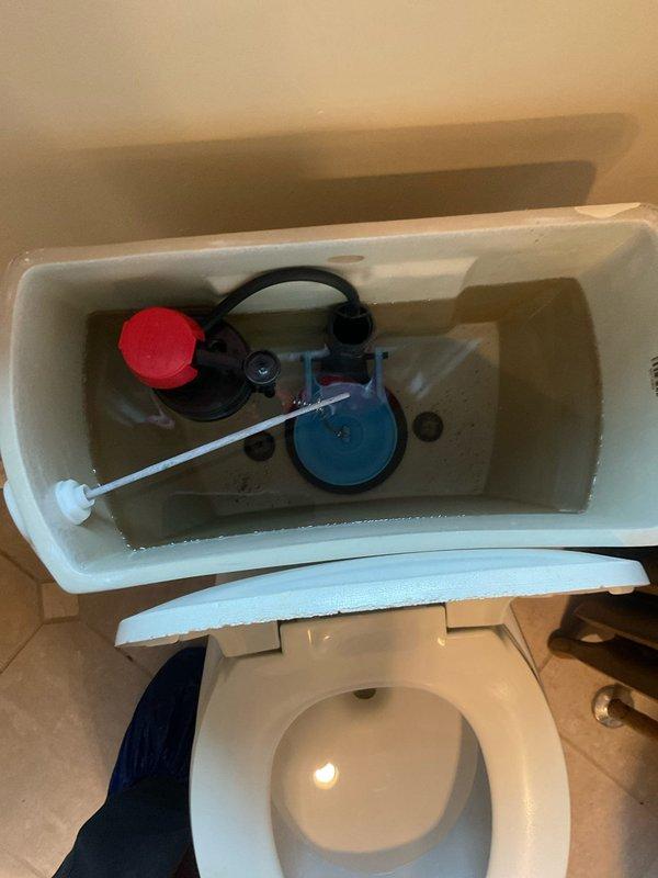 Responded to complaint of toilet slow to fill after flushing in 100-year-old residence. Upon inspection, removed tank lid and evaluated internal flush mechanism components. Identified aging fill valve assembly with standard float ball configuration as source of reduced flow rate. Inspected flush valve, flapper, and overflow tube assembly for proper operation. All components showed signs of age-consistent mineral deposits and wear. Tested fill valve operation through multiple flush cycles to confirm slow fill condition. Documented existing blue fill valve mechanism and black flush valve assembly with photographic evidence for service records. Recommended fill valve replacement to restore proper fill time and water flow efficiency.