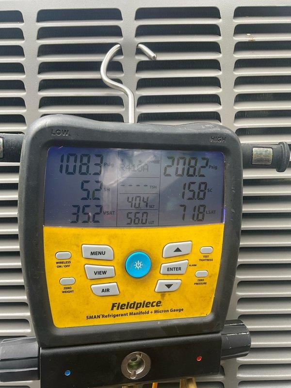 Completed annual preventative maintenance on a six-year-old residential cooling system with no reported operational issues. Performed comprehensive AC tune-up including refrigerant pressure and temperature diagnostics using manifold gauges, verified system pressures and superheat/subcooling calculations, and conducted electrical current measurements on compressor and fan motors. All system parameters found within manufacturer specifications, unit operating efficiently with proper airflow and refrigerant charge confirmed.