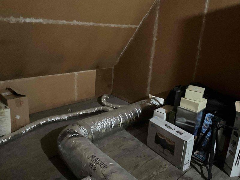 Completed HVAC system replacement estimate for attic-installed air handler unit. Assessed existing equipment configuration, ductwork layout, and determined specifications for point-of-sale replacement system. Evaluated current flexible duct connections and recommended potential downsizing of ductwork from existing dimensions to improve system efficiency and airflow distribution throughout the conditioned space.
