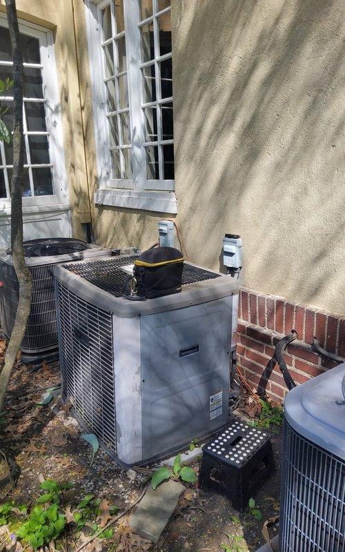 Completed scheduled cooling maintenance on four outdoor condensing units. Performed comprehensive inspection of all systems, checking refrigerant levels, electrical connections, contactors, and capacitors. Cleaned condenser coils, cleared debris and vegetation from around units, and verified proper airflow and operational performance on all equipment.