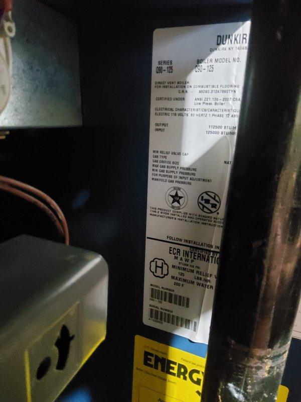 Performed comprehensive maintenance on 13-year-old Dunkirk DBU-125/DSL-125 hot water boiler system in conjunction with air handler service. Conducted thorough inspection of all boiler components, verified proper operation of electrical controls and safety systems including high-limit switches and flame sensors, checked burner assembly and combustion chamber for efficiency and safety compliance. Inspected and tested circulator pump motor with LED status indicator confirming proper operation, examined all gas and water line connections for leaks, verified proper venting and condensate drainage. Confirmed all manufacturer specifications are being met for gas supply pressure and water column relief settings. System operating within normal parameters with all safety certifications current and equipment functioning as designed.