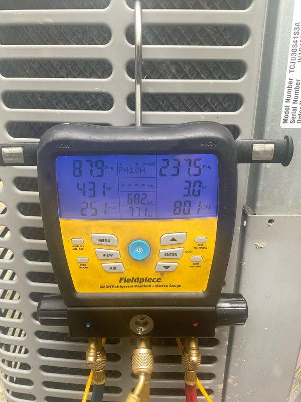 Performed preventive maintenance on two cooling systems. Checked refrigerant pressures and temperatures using digital manifold gauges, confirming both systems operating within manufacturer specifications. Inspected and verified air filtration components in proper condition with adequate airflow.