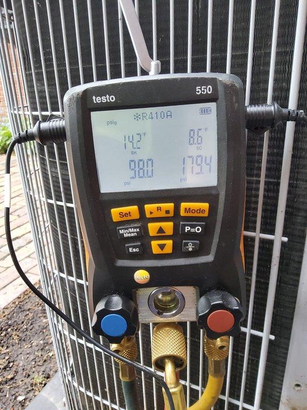 Performed comprehensive cooling system maintenance on backyard R-410A air conditioning unit. Utilized Testo 550 digital manifold to verify refrigerant pressures and temperatures, recording 280 psi high-side and 179.4 psi low-side pressures with 143°F discharge and 80°F suction temperatures, confirming system operating within normal parameters. Conducted electrical diagnostics with Fieldpiece meter, measuring 6.73 reading to verify proper component function. Inspected condenser coil fins for cleanliness and airflow efficiency, documented equipment condition with photos for service records.