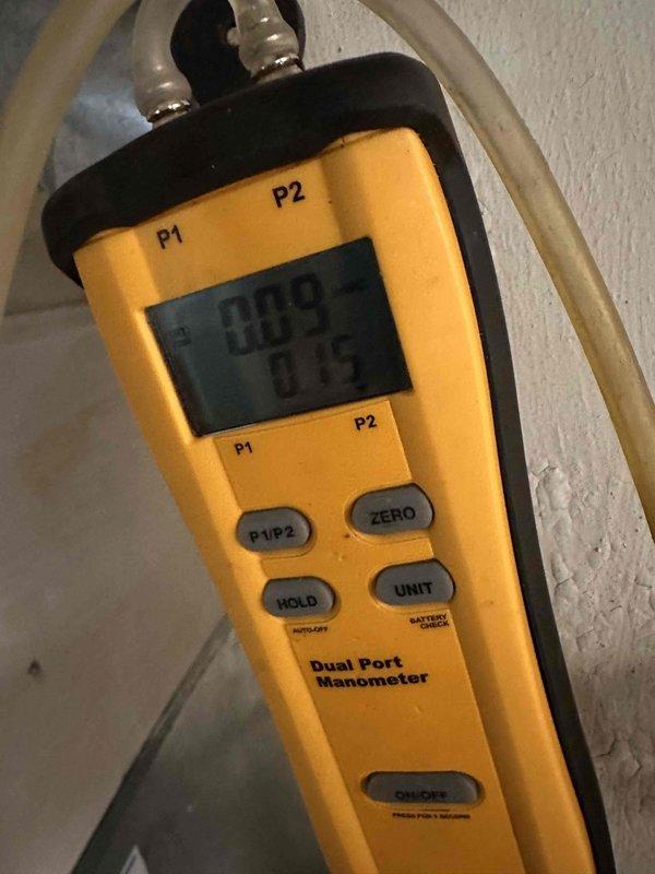 Completed estimate for HVAC system replacement including two-stage furnace, two-stage air conditioner, and thermostat installation. Performed pressure measurements using dual port manometer to assess existing system conditions and document baseline readings for upcoming equipment replacement. Installation scheduled with deposit received, and noted request to relocate humidifier during installation for improved serviceability and maintenance access.