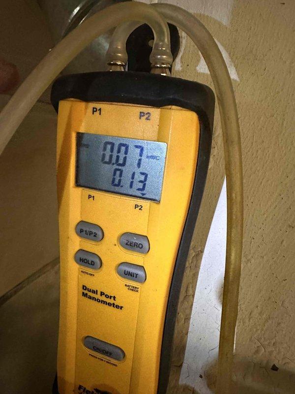 Completed estimate for HVAC system replacement including two-stage furnace, two-stage air conditioner, and thermostat installation. Performed pressure measurements using dual port manometer to assess existing system conditions and document baseline readings for upcoming equipment replacement. Installation scheduled with deposit received, and noted request to relocate humidifier during installation for improved serviceability and maintenance access.