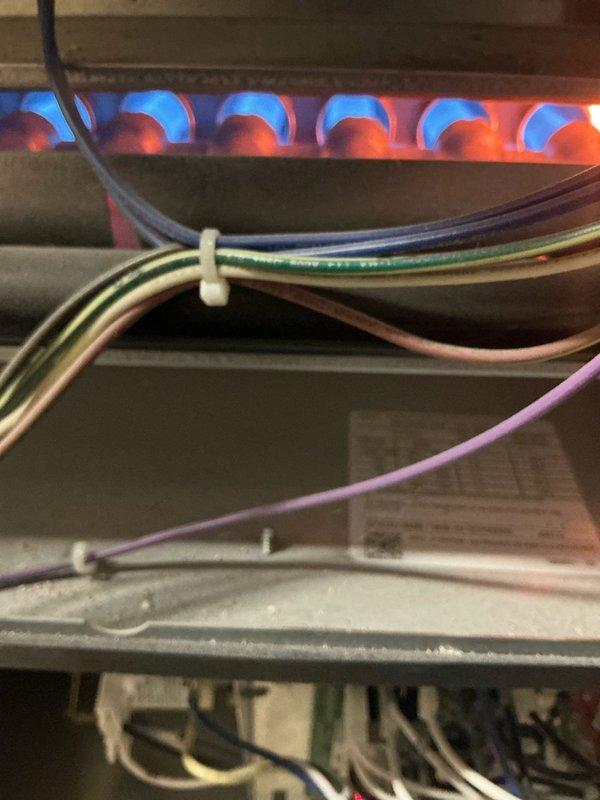 Responded to no heat call on first floor with second floor heating operational. Upon arrival, accessed furnace in unfinished area and performed system diagnostics. Found furnace burners igniting and operating properly as evidenced by stable blue flame pattern across burner assembly. Verified all electrical connections and wiring harnesses were properly secured and showed no signs of failure. Traced heating zones and determined first floor thermostat wiring issue preventing call for heat from reaching furnace control board. Corrected wiring connections and restored proper communication between first floor thermostat and heating system. Cycled system multiple times to confirm reliable operation. First floor heat now functioning normally with proper temperature control restored.