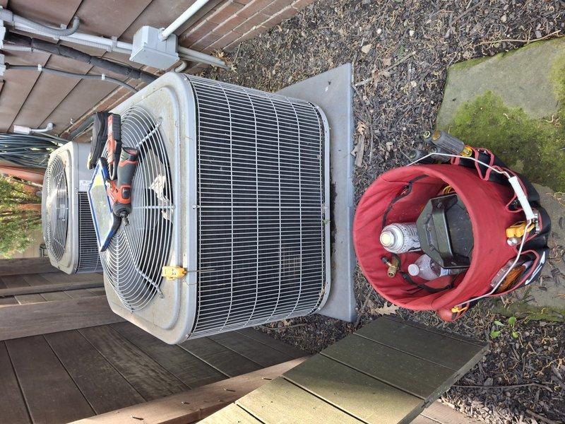 Completed preventative maintenance on two residential cooling systems: one air handler unit located in attic and one outdoor condenser unit. Inspected attic-mounted air handler, verified proper operation of ductwork and refrigerant lines, and confirmed equipment is functioning within normal parameters. Performed routine maintenance on outdoor condenser unit including inspection of fan assembly, compressor operation, and electrical connections. Confirmed both systems are approximately four years old and operating efficiently. Verified filter size requirements as 20x25x4 for future replacement needs.