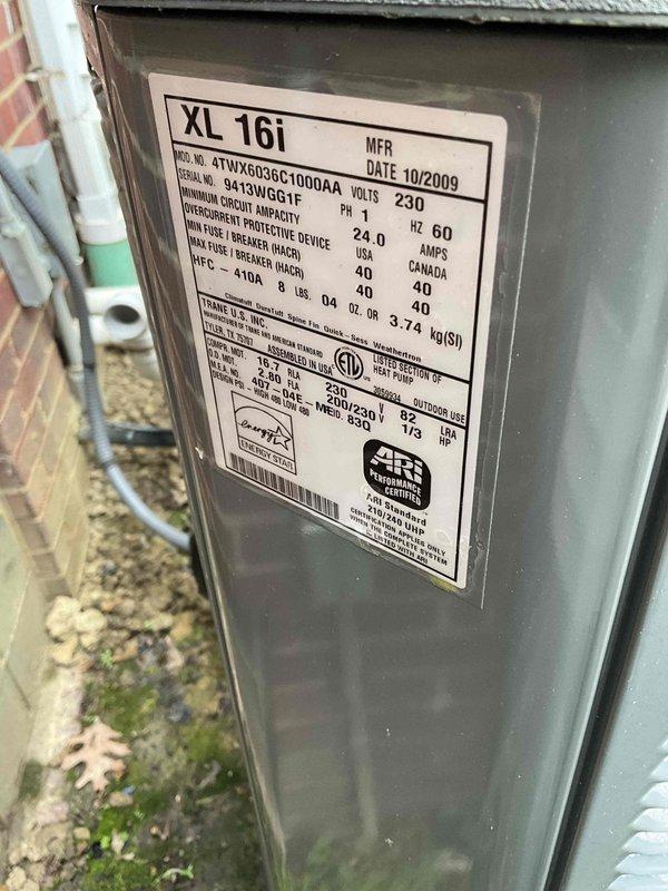 Conducted on-site evaluation of existing HVAC system for replacement estimate. Assessed outdoor condensing unit, a XL 16i model manufactured in October 2009, rated at 230 volts and 24.0 amps. Unit showed age-related wear consistent with 15+ years of operation. Documented indoor furnace system located in basement mechanical room, including associated ductwork, PVC condensate drainage lines, electrical connections, and venting configuration. Photographed both indoor and outdoor equipment to document current system specifications and installation conditions for replacement proposal preparation.