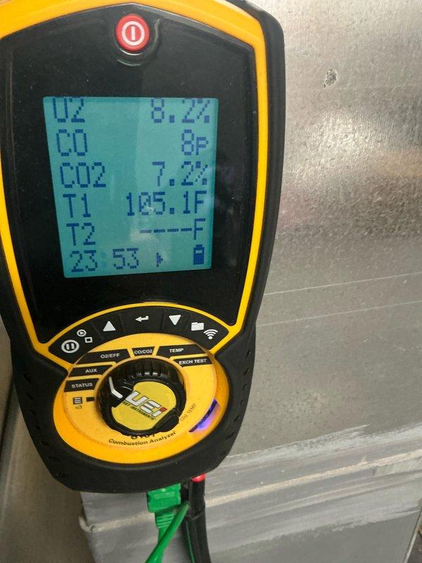 Performed comprehensive tune-up on 5-year-old furnace system currently operating normally. Conducted combustion analysis testing using digital analyzer, measuring oxygen levels (21.0% ambient, 0.2% in flue), carbon monoxide (0 ppm ambient, 8 ppm in flue), carbon dioxide (7.2%), and temperature readings (137.2°F and 105.1°F at different test points). All combustion readings within acceptable parameters for safe and efficient operation. System confirmed to be functioning properly with no issues identified.