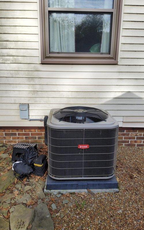 Completed comprehensive tune-up and preventive maintenance on 8-year-old Bryant air conditioning system. Performed standard inspection procedures including checking refrigerant levels, cleaning condenser coils, testing electrical connections at outdoor disconnect, and verifying proper system operation. Unit found to be in good working condition with no deficiencies noted; system operating within normal parameters.