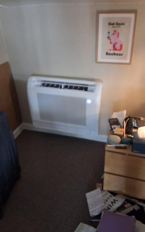 Performed startup and commissioning procedures on newly installed ductless mini-split system. Verified proper operation of wall-mounted air handler unit and floor-standing indoor unit, confirmed both units powered on successfully with indicator lights functioning. Tested system controls, airflow patterns, and overall performance to ensure installation met manufacturer specifications and operational standards.