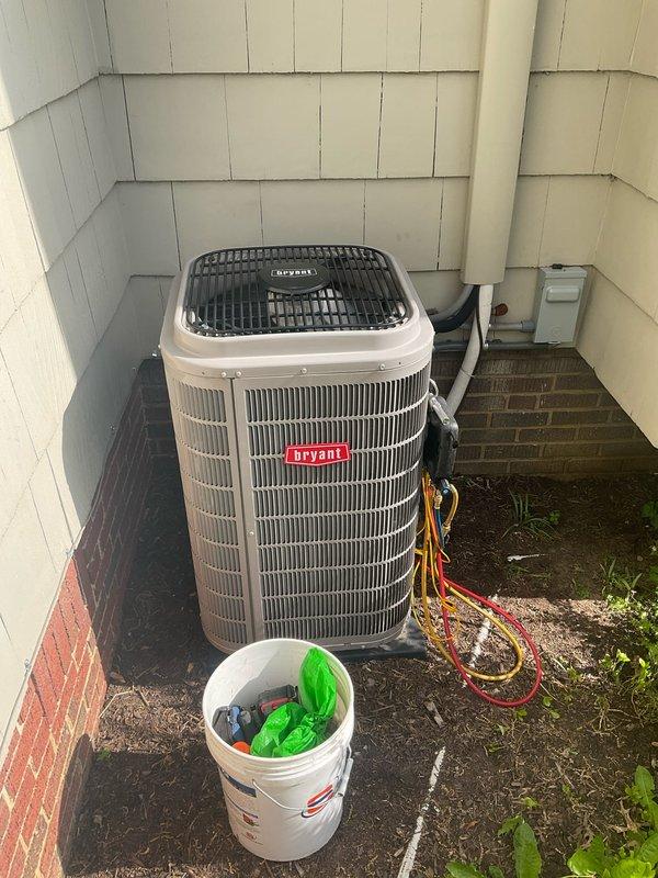 Performed preventive maintenance on three cooling systems including two standard split systems and one mini-split unit located in the basement, attic, and first-floor office. Conducted comprehensive system diagnostics using refrigerant manifold gauges, recording operating pressures of 409.8 psig high-side and 250.2 psig low-side with temperatures at 89°F and 118°F on the outdoor Bryant condenser unit. Inspected heat exchanger coils, verified refrigerant line connections, and confirmed all systems operating within manufacturer specifications for the upcoming cooling season.