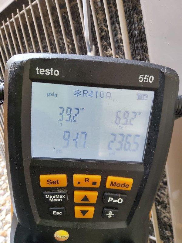 Completed scheduled maintenance on a 5-year-old air conditioning system. Performed system diagnostics using digital manifold gauges, recording operating pressures and temperatures for R410A refrigerant to verify proper charge and system performance. Inspected condenser unit and noted accumulated dirt and debris on outdoor coil fins requiring attention for optimal heat transfer efficiency.