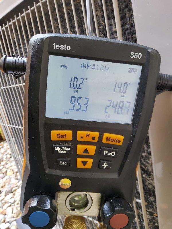 Completed scheduled maintenance on a 5-year-old air conditioning system. Performed system diagnostics using digital manifold gauges, recording operating pressures and temperatures for R410A refrigerant to verify proper charge and system performance. Inspected condenser unit and noted accumulated dirt and debris on outdoor coil fins requiring attention for optimal heat transfer efficiency.